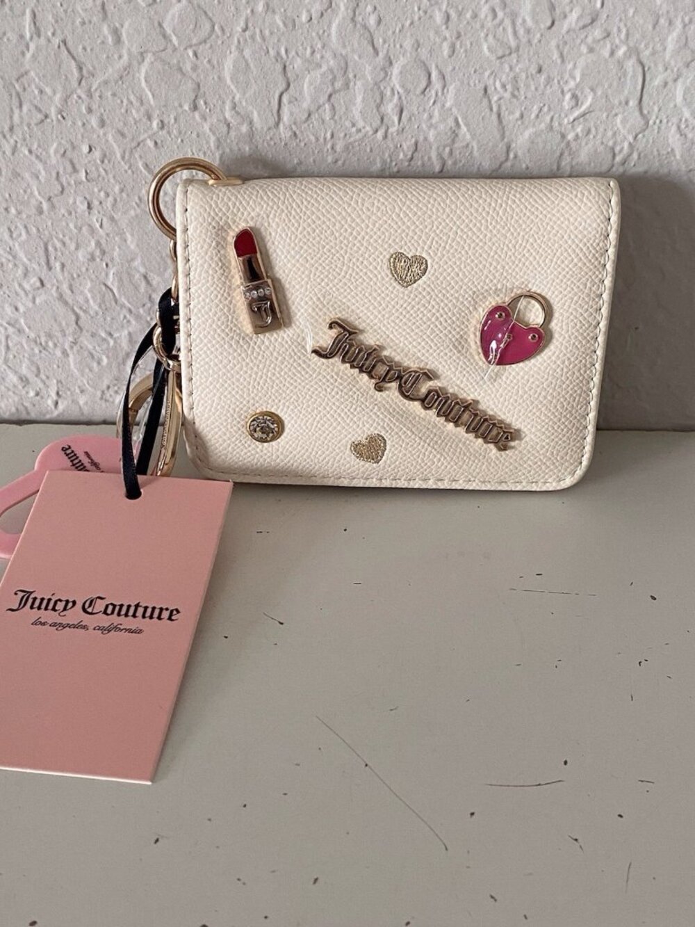 Juicy Couture Turn On The Charm Card Case Wallet Key FOB In Soft White NEW